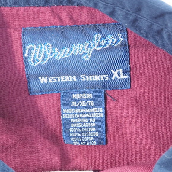 Wrangler Western Shirt Mens Extra Large Colorblock Burgundy Tan Blue Snap Front - Picture 3 of 9